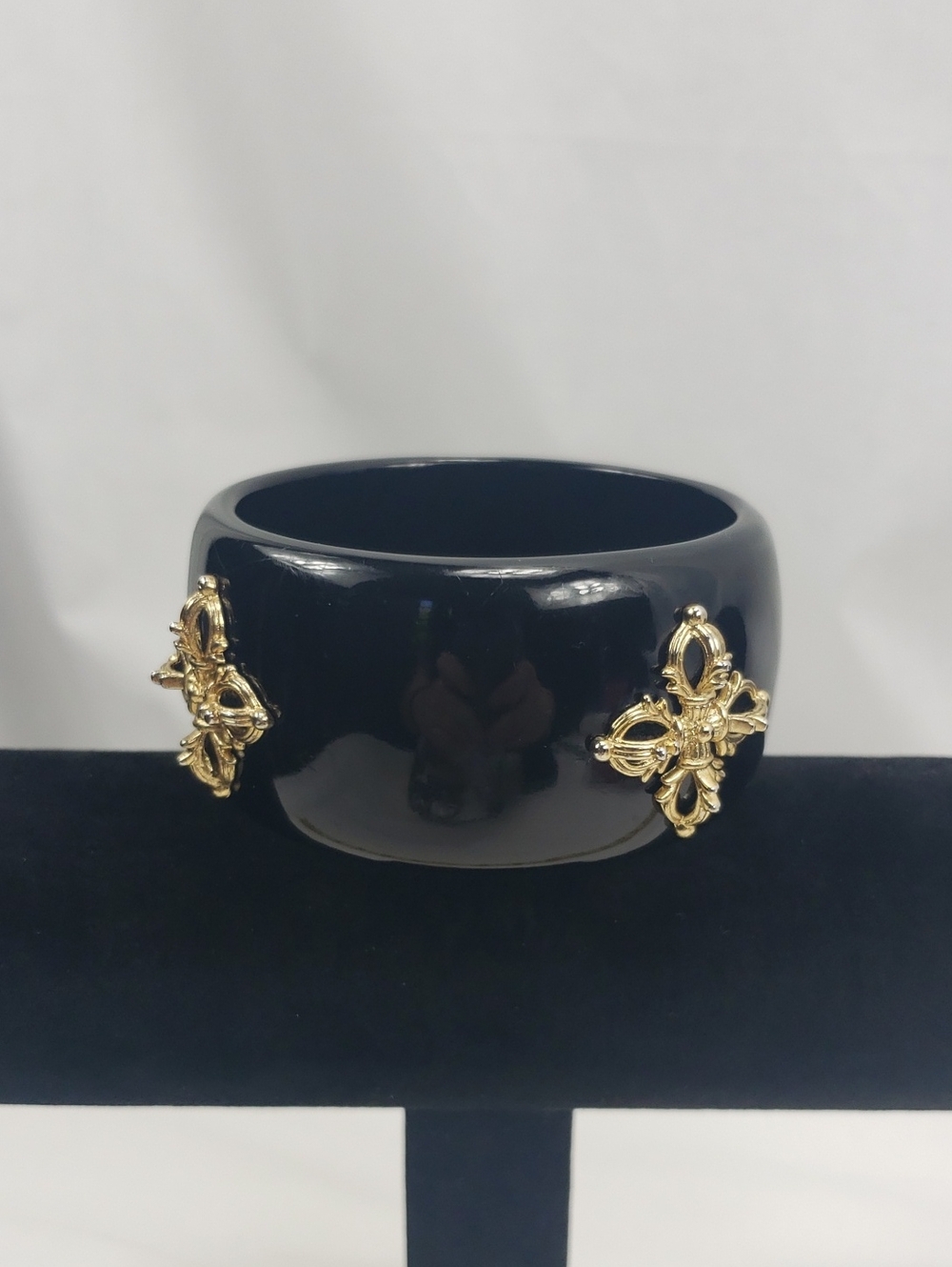 Black Resin or Lucite Bangle Bracelet with Gold Medallion Accents